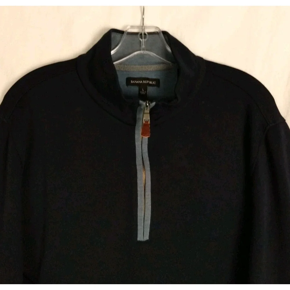 Banana Republic Men's L 1/4 Zip Sweater Blue Navy‎  with Leather Zipper Pull